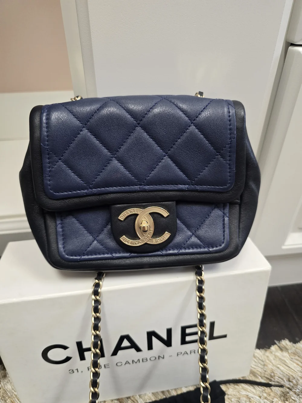 Chanel Quilted Navy Lambskin Mini Bag with Gold CC Turnlock